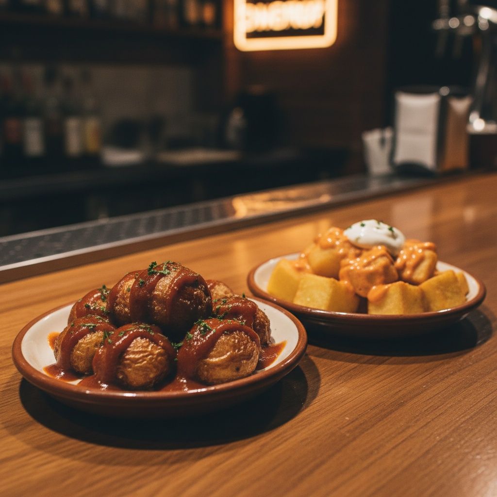 Completa: Las papas arrugadas con mojo de Canarias son ___ picantes ___ las patatas bravas de Madrid.