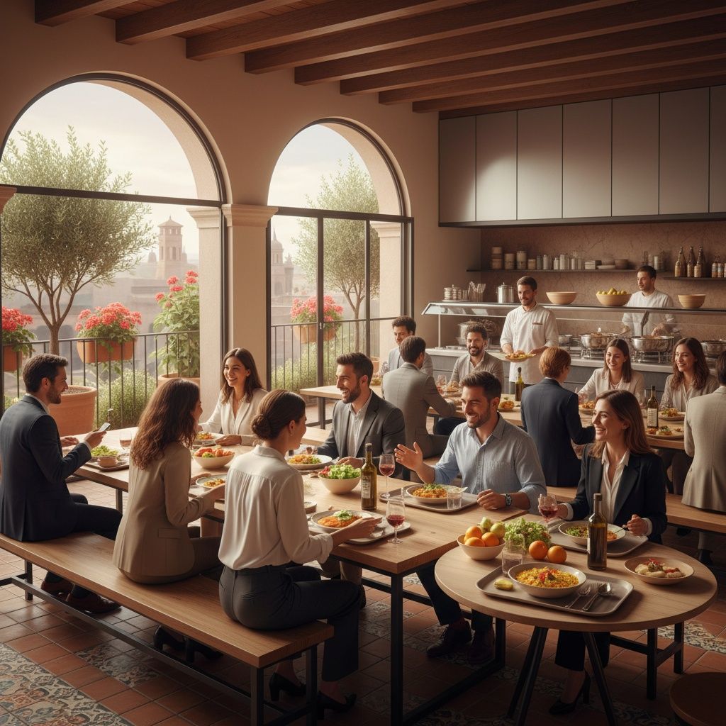 Tu compañera se sienta a comer en el comedor de la oficina. Dices: