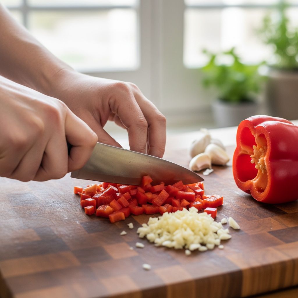 Paso 1: ____ los pimientos y el ajo muy finos.