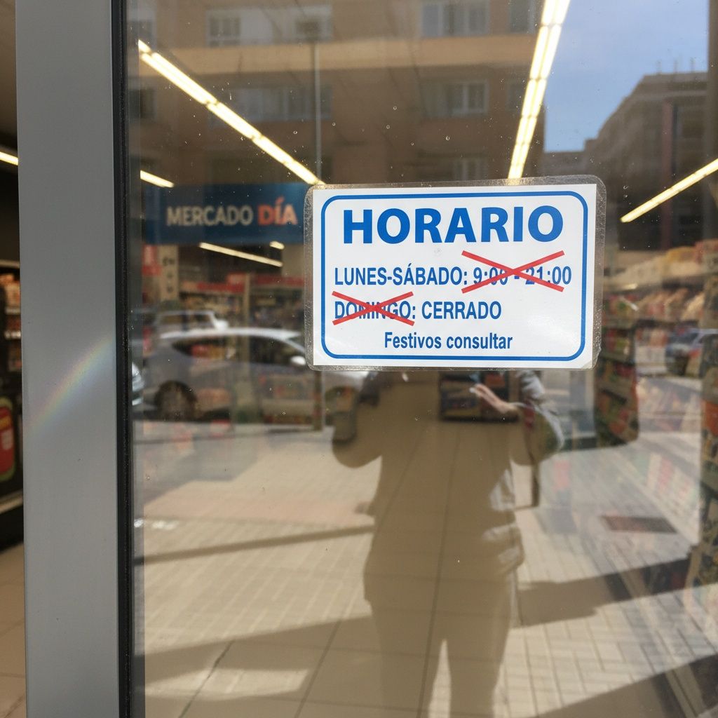 Lee el cartel: "L–V 9:00–21:00; Sábado 10:00–20:00; Domingos y festivos CERRADO". ¿Qué días está cerrado?