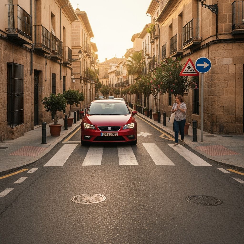 1) Te acercas a un paso de peatones. Un viandante ya ha puesto un pie en el cruce y tú no te detienes.