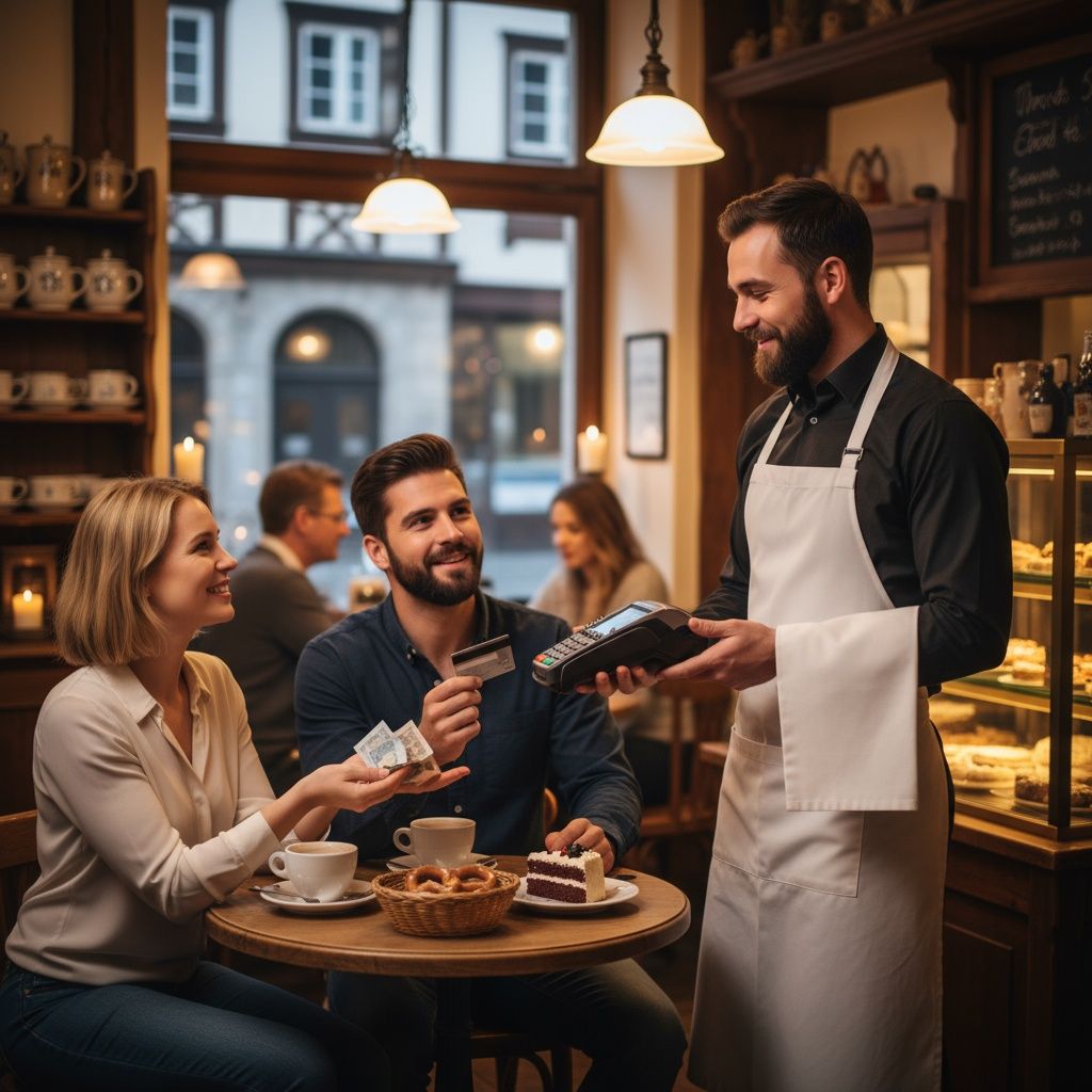 Lückentext – Wähle die Option, die ALLE Lücken korrekt füllt: Kellner: „_____?“ Gästin A: „Getrennt, bitte.“ Gästin B: „Ich zahle _____.“ Gästin A: „_____, bitte.“
