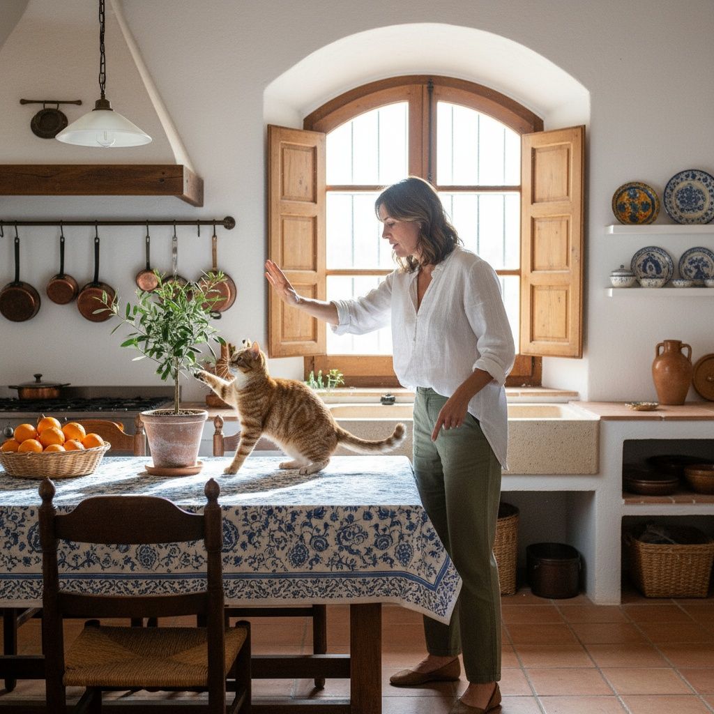 Observa la imagen. La dueña dice: «¡Ya está, Luna, bájate de la mesa!». ¿Qué comunica «ya está» aquí?