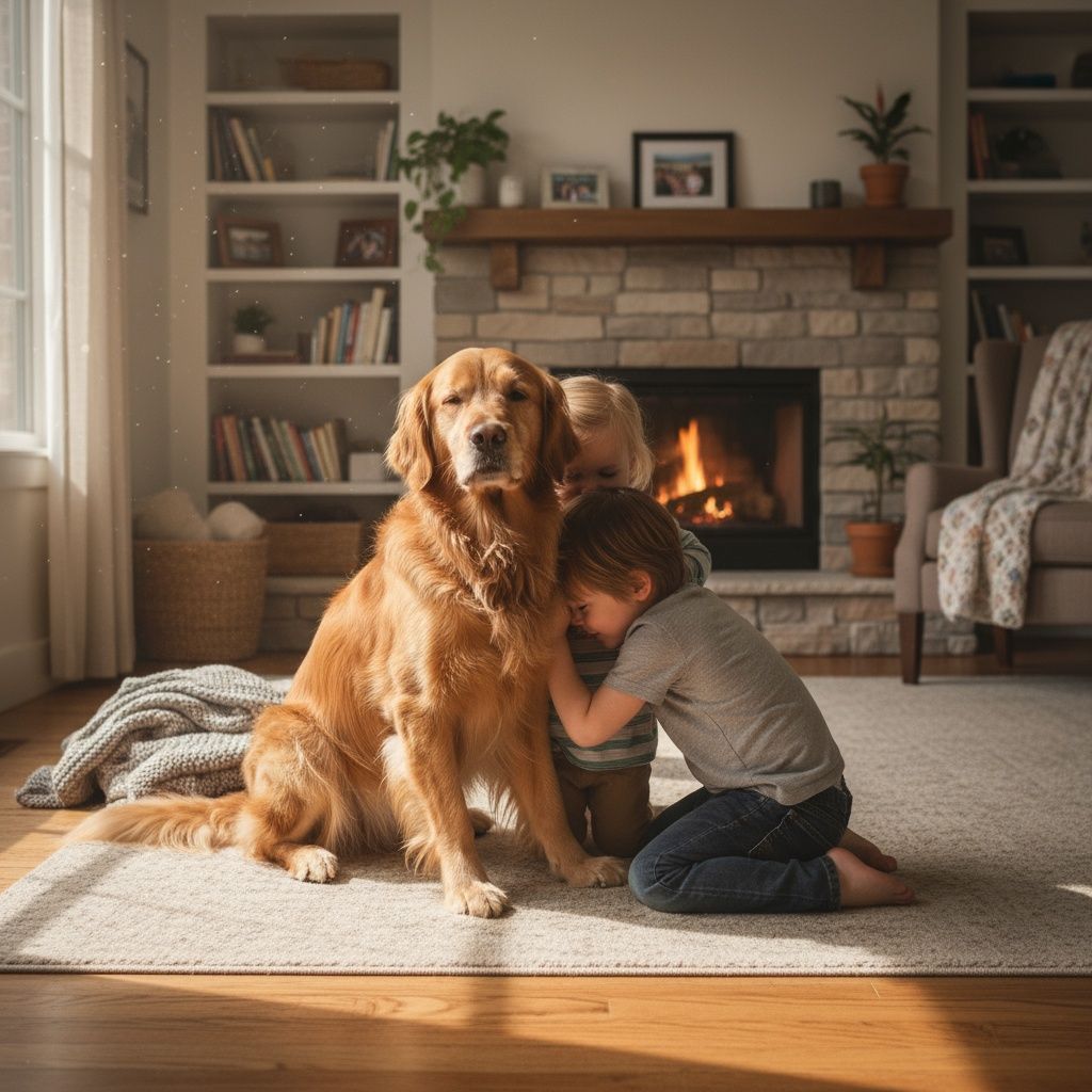 Mira la imagen. ¿Cómo describirías a este perro que es muy noble con los niños? Este perro es…