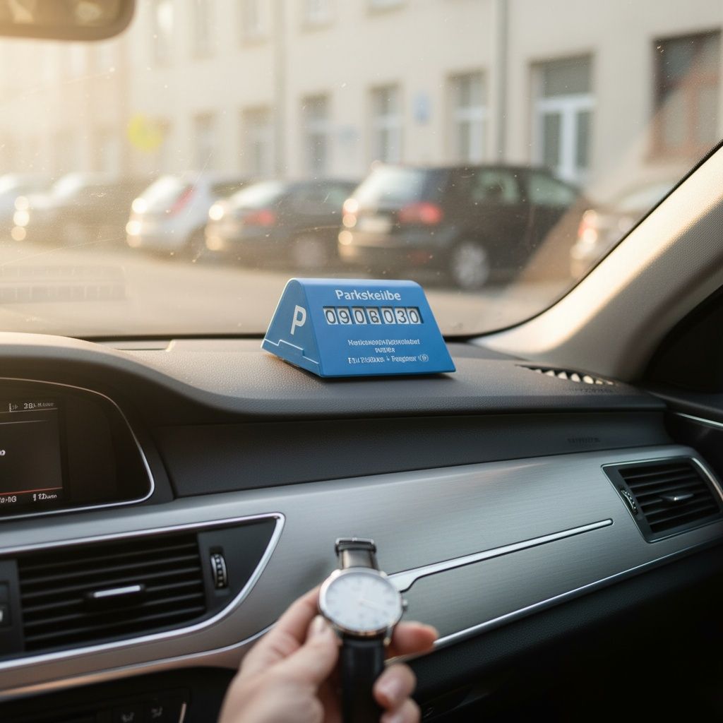 Ankunft: 09:05. Wie stellst du die Parkscheibe ein?