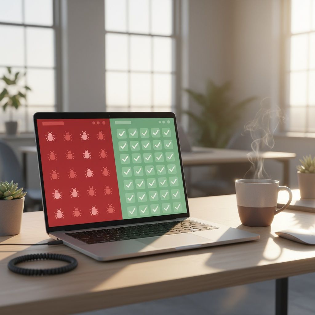 Fülle die 3 Lücken: Im letzten Release gab es ___, aber ___ sind schon gefixt. Wir haben ___ bestanden.