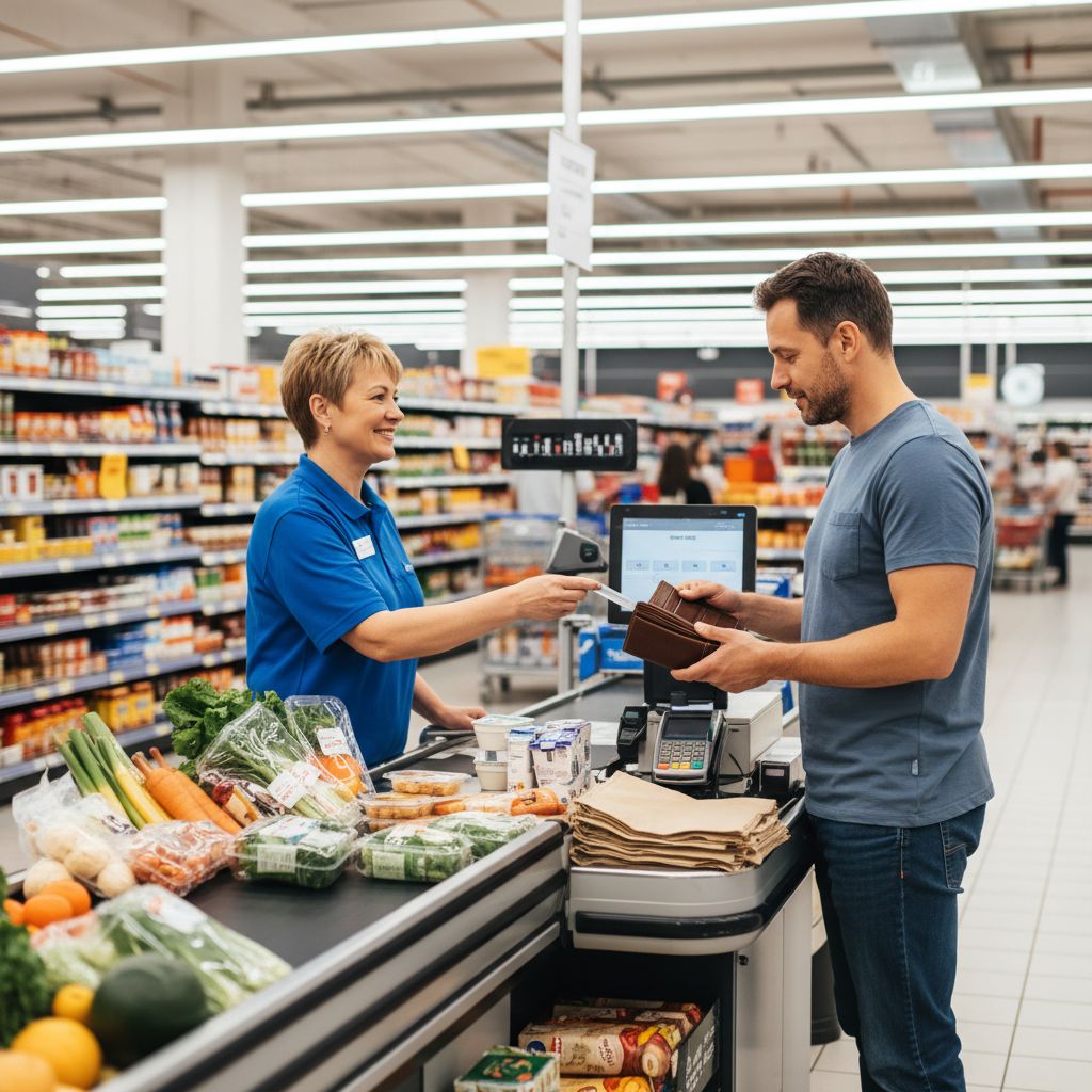 Fülle die Lücken im Mini-Dialog: Kassiererin: „Zahlen Sie ___ oder mit Karte?“ — Kunde: „Ich zahle ___, bitte.“