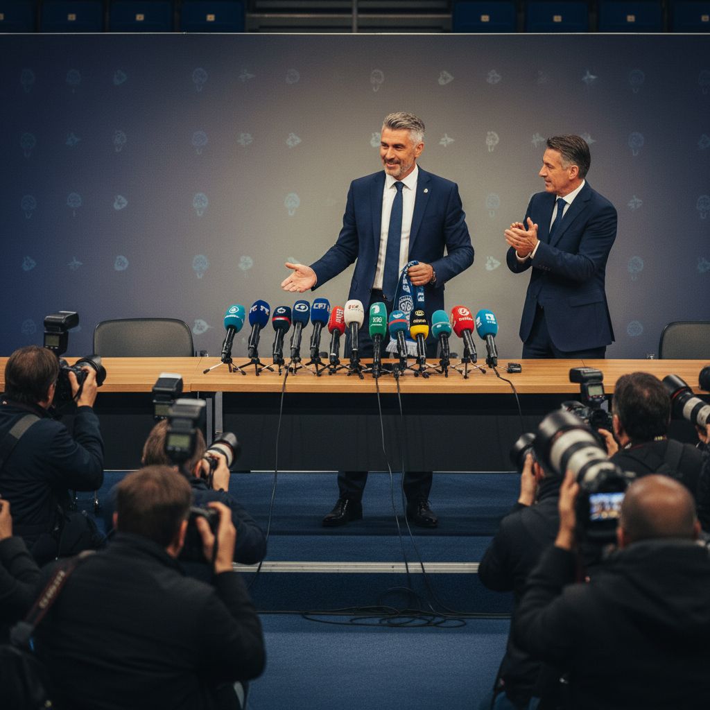 Der Verein präsentiert den neu__ Trainer.