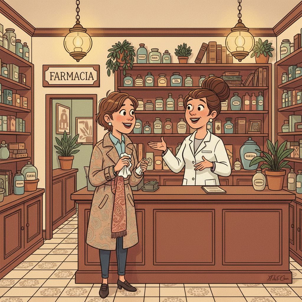 Escucha/lee la mini‑consulta y responde: 
Farmacéutica: «Hola, ¿qué te pasa?»
Lucía: «Estoy un poco pachucha: tengo moquitos, algo de tos y creo que ando con décimas.»
Farmacéutica: «¿Desde cuándo?»
Lucía: «Desde anoche. Me duele un poco la tripilla también.»
Farmacéutica: «Te doy un jarabe; mano de santo. Tómalo dos veces al día después de comer.»
Según la mini‑consulta, ¿qué síntomas tiene Lucía?