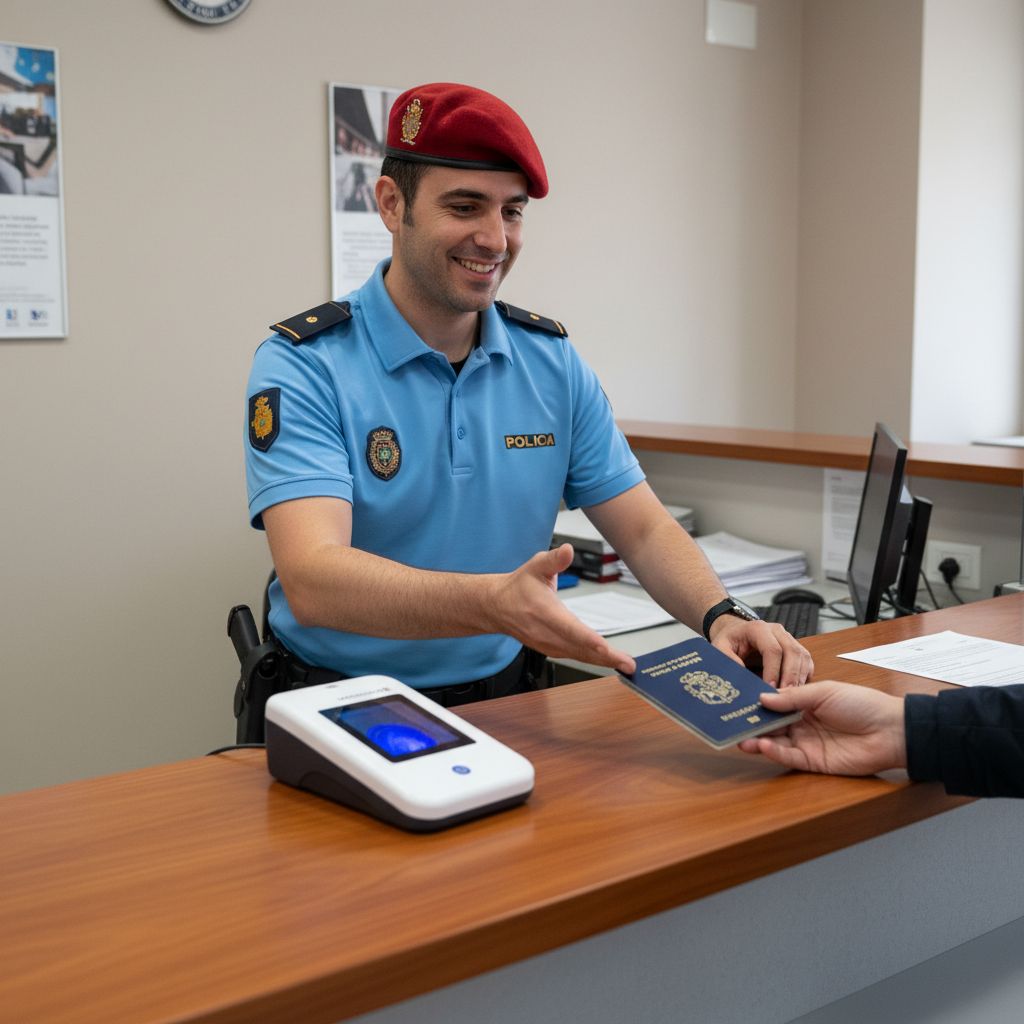 Complete la frase del funcionario: “_____ el pasaporte, por favor.”