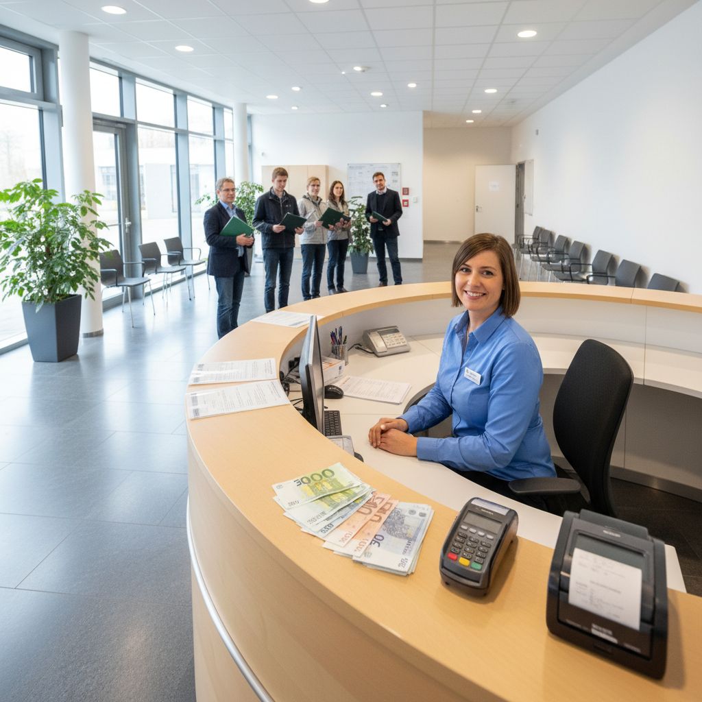 Welches Wort passt? „Geld, das man zusätzlich bezahlen muss, z. B. für einen Antrag beim Amt.“ Beispielsatz: „Für den neuen Ausweis fällt eine ___ an.“