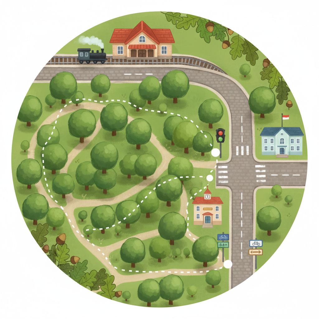 Mini-Karte: Du stehst am Bahnhof. Ergänze die drei Lücken: Gehe ____ Park, dann warte ____ Ampel. Das Bürgeramt ist ____ der Post.